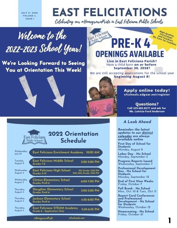 East Feliciana Public Schools' weekly newsletter. Use a PDF reader for text.