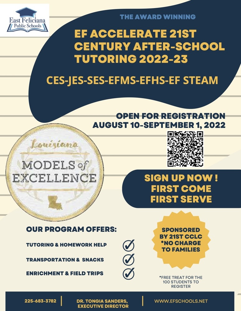 EF Accelerate 21st Century After-School Tutoring 2022-23 Open for Registration August 10-September 1, 2022 Sign up now first come first serve
