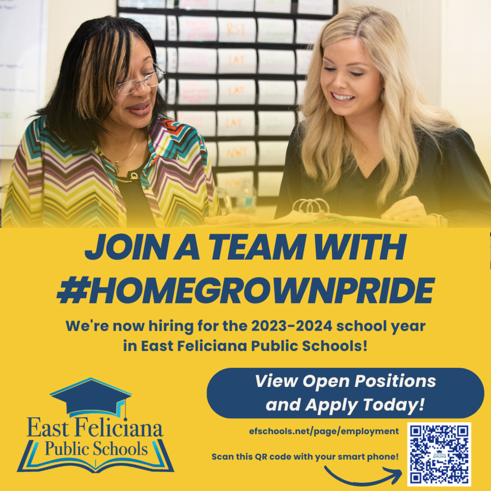 Join a team with #HomegrownPride. We're now hiring for the 2023-2024 school year in East Feliciana Public Schools. View open positions and apply today!