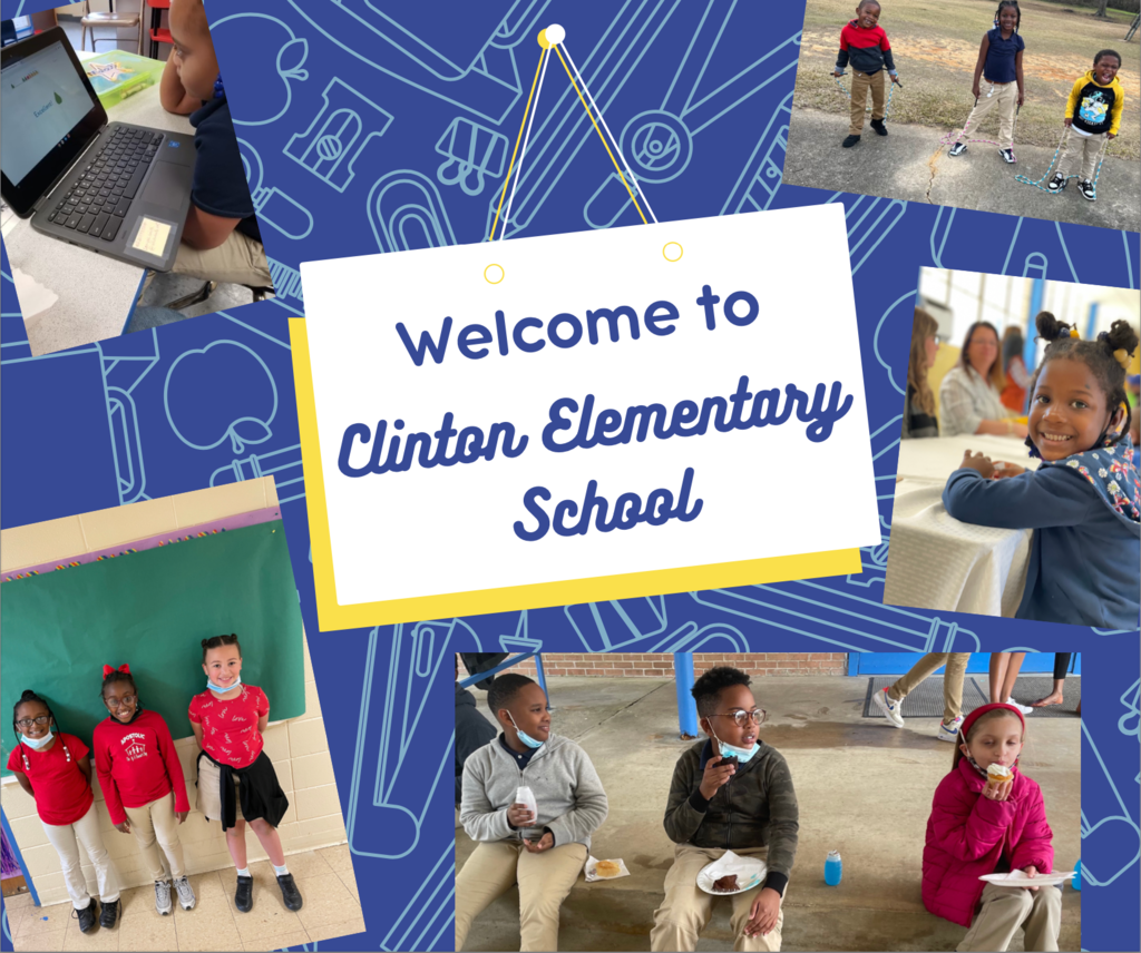 In front of a blue backdrop with outlines of school supplies is a hanging white cartoon board with the words “Welcome to Clinton Elementary School.” Surrounding it are several photographs: a girl focused on a Chromebook screen, three enthusiastic children with jump ropes, a smiling girl sitting at a table, three children eating cupcakes, and three children in red shirts standing in front of a green backdrop.