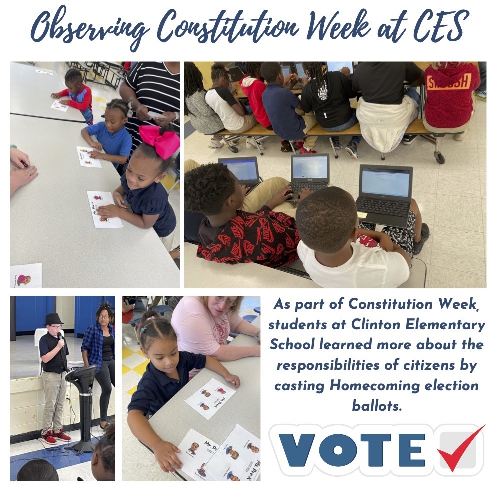 Observing Constitution Week at CES: Two pictures of children casting ballots with photos of their peers, one picture of a group of students casting ballots via Chromebook, and a student speaking at a podium.