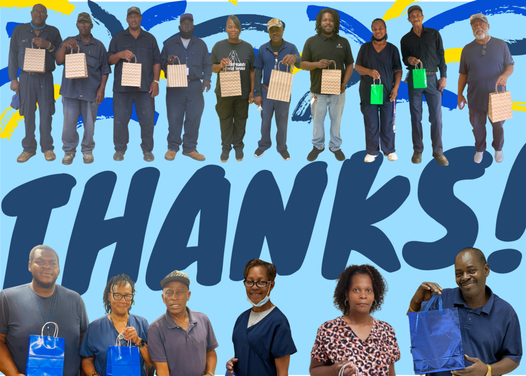 In big bold letters are the words "Thanks!" Below and above are custodial staff members holding bags and smiling.