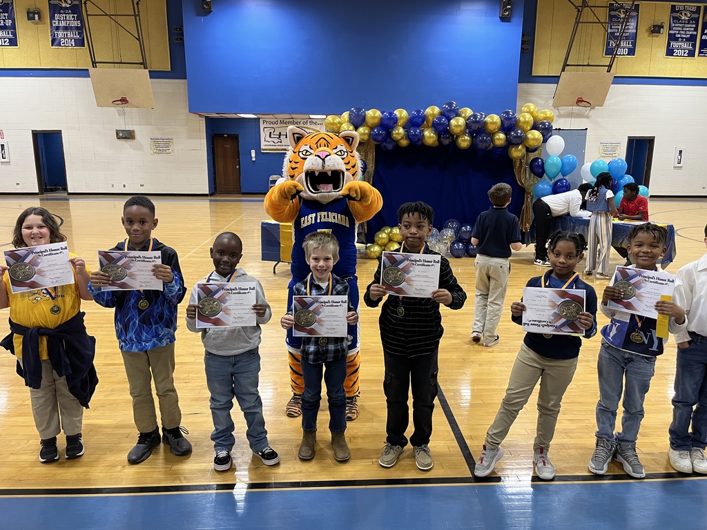 Seven students holding up certificates stand in front of a Tiger mascot.