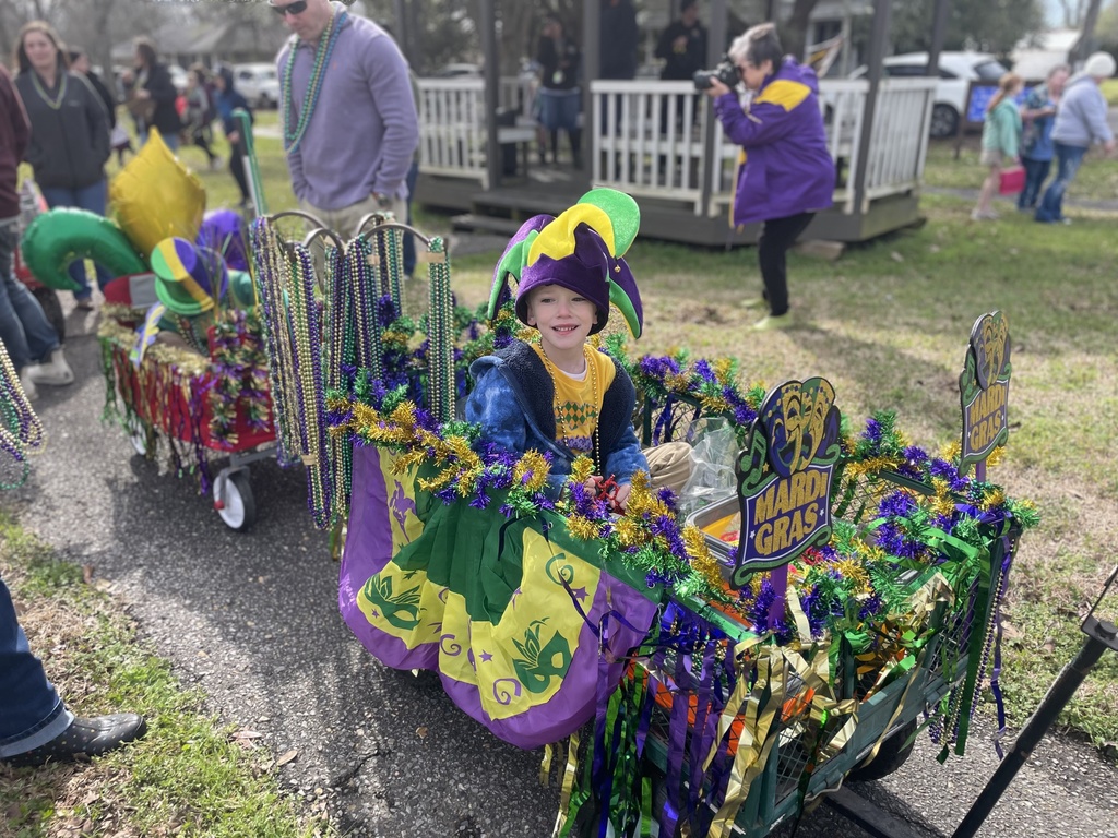 A child in a Mardi Gras jester hat sits in a heavily beaded wagon.