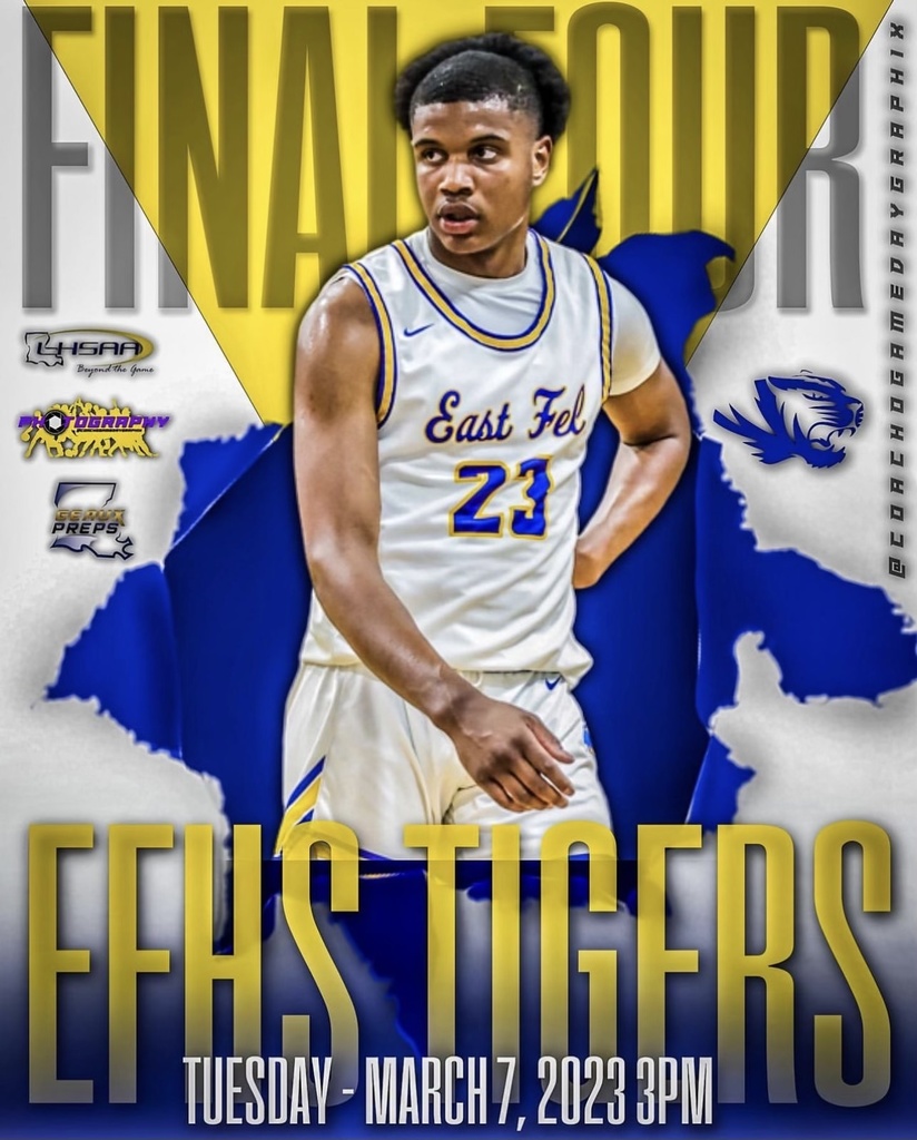 A basketball player in an East Fel uniform stands in front of a blue and yellow display that reads "Final Four EFHS Tigers"