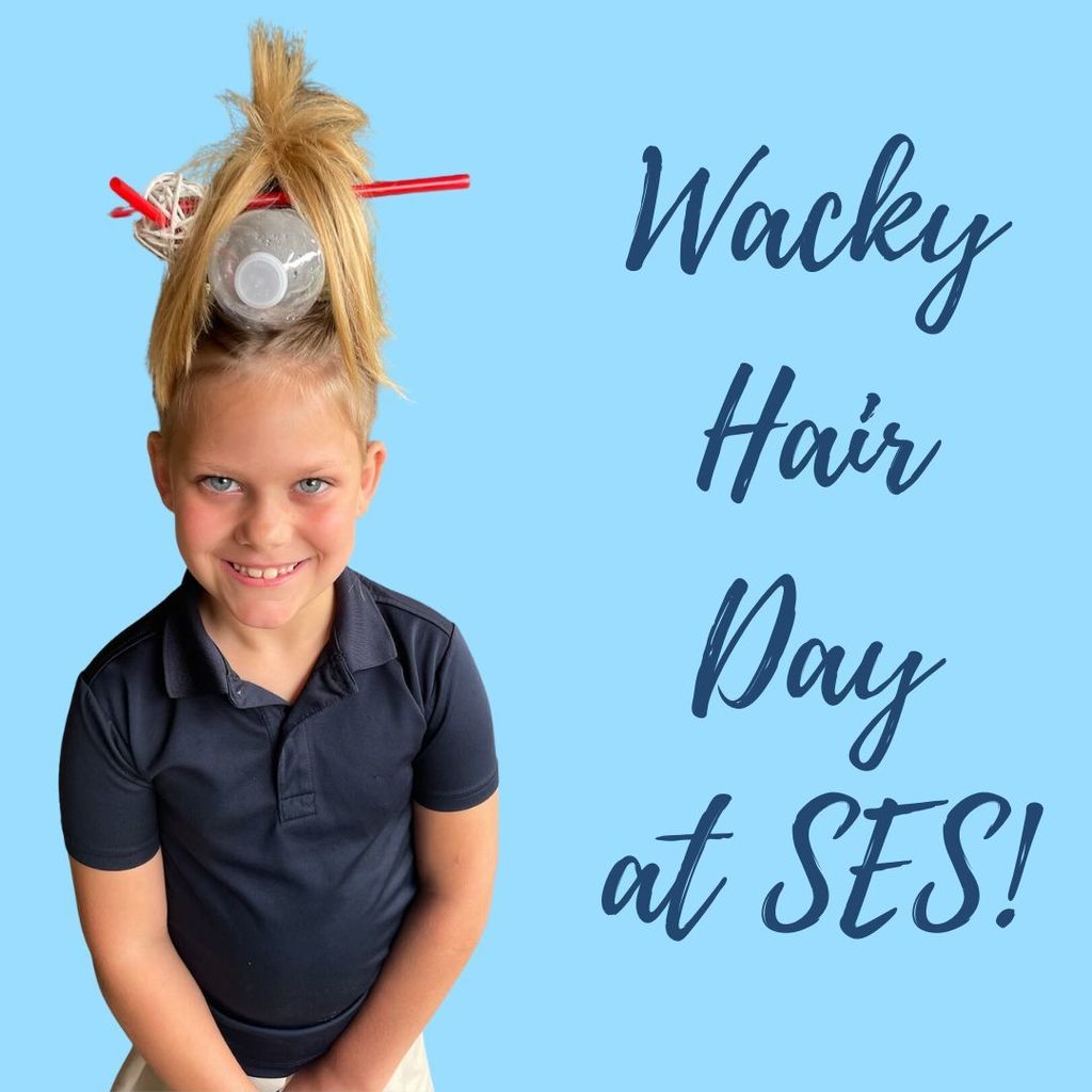 A student has bottles, strings, and straws in her hair as she smiles. She is against a light blue backdrop. There is text that reads "Wacky Hair Day at SES!"