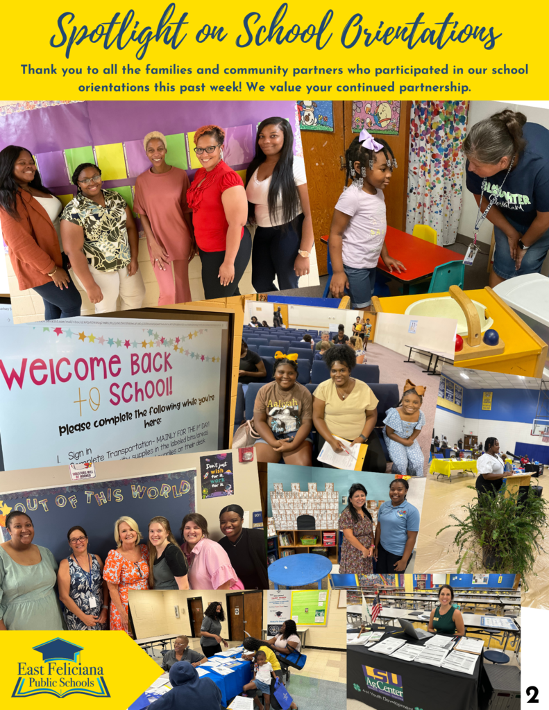 A gold bar with text that reads "Spotlight on School Orientations. Thank you to all the families and community partners who participated in our school orientations this past week. We value your continued partnership. Below are pictures of people, classrooms, and partners at each school's orientation.