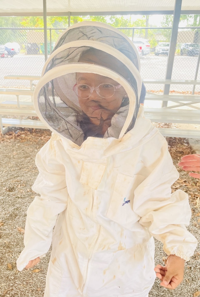 A student wears a protective bee outfit.